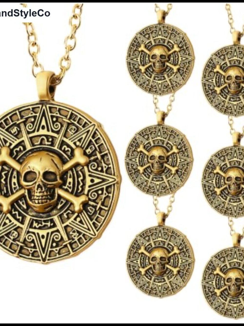 Pirate Necklace Set - 6 Gold Skull Coin Pendants for Halloween Cosplay Costume